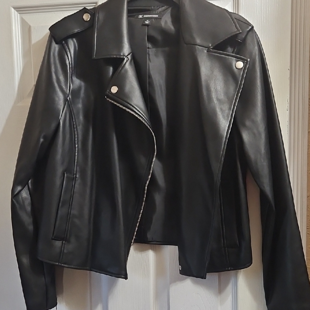 Inc  Black Leather Moto Jacket Asymmetrical Design